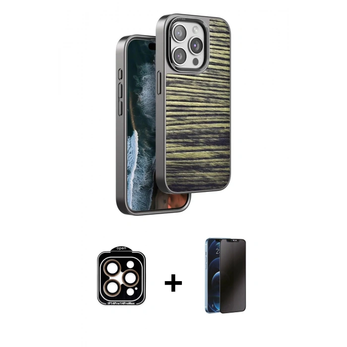MARSİLYAN™- iPhone 15 Pro Max Kılıf Atlas Minimal Özel Seri - Siyah 3D Antistatik Hayalet Cam Ekran Koruyucu + PVD Metal Kamera Lens - TU