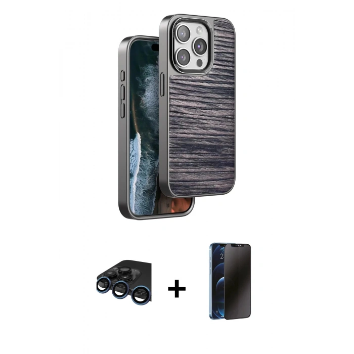 MARSİLYAN™- iPhone 15 Pro Max Kılıf Atlas Minimal Özel Seri - Siyah 3D Antistatik Hayalet Cam Ekran Koruyucu + Raze Metal Kamera Lens - LT