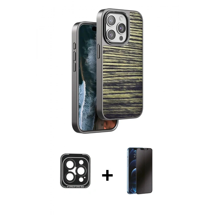 MARSİLYAN™- iPhone 15 Pro Max Kılıf Atlas Minimal Özel Seri - Siyah 3D Antistatik Hayalet Cam Ekran Koruyucu + PVD Metal Kamera Lens - SH