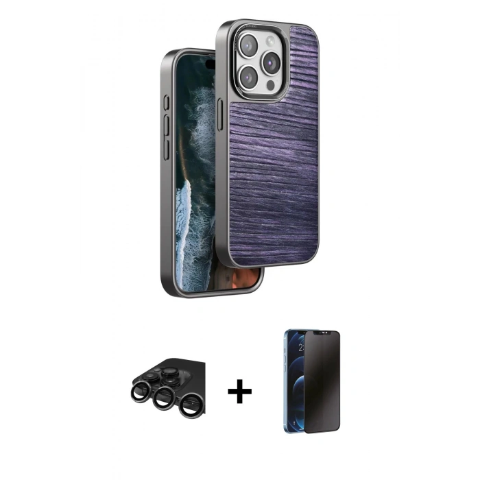 MARSİLYAN™- iPhone 15 Pro Max Kılıf Atlas Minimal Özel Seri - Siyah 3D Antistatik Hayalet Cam Ekran Koruyucu + Raze Metal Kamera Lens - TMGI
