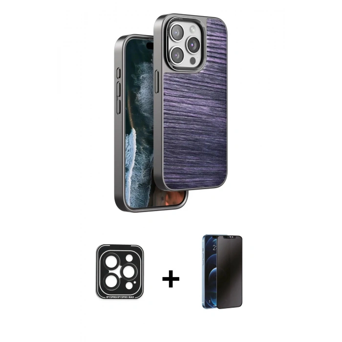 MARSİLYAN™- iPhone 15 Pro Max Kılıf Atlas Minimal Özel Seri - Siyah 3D Antistatik Hayalet Cam Ekran Koruyucu + PVD Metal Kamera Lens - SH