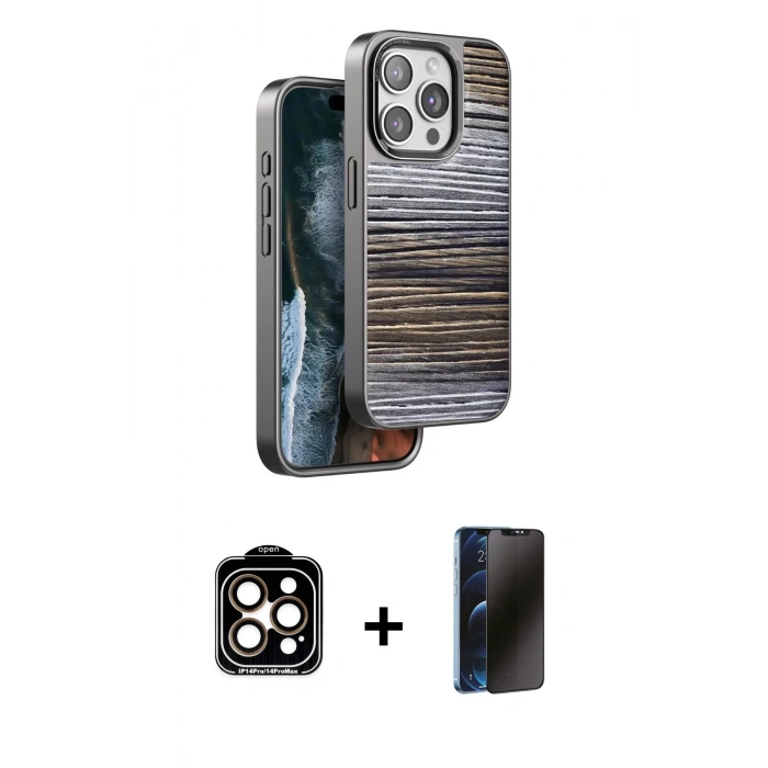 MARSİLYAN™- iPhone 15 Pro Max Kılıf Atlas Minimal Özel Seri - Siyah 3D Antistatik Hayalet Cam Ekran Koruyucu + PVD Metal Kamera Lens - TU