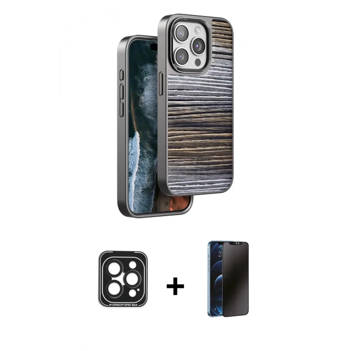 MARSİLYAN™- iPhone 15 Pro Max Kılıf Atlas Minimal Özel Seri - Siyah 3D Antistatik Hayalet Cam Ekran Koruyucu + PVD Metal Kamera Lens - SH