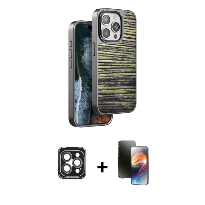 MARSİLYAN™- iPhone 15 Pro Max Kılıf Atlas Minimal Özel Seri - Siyah 3D Antistatik Mat Seramik Nano Ekran Koruyucu + PVD Metal Kamera Lens - GI
