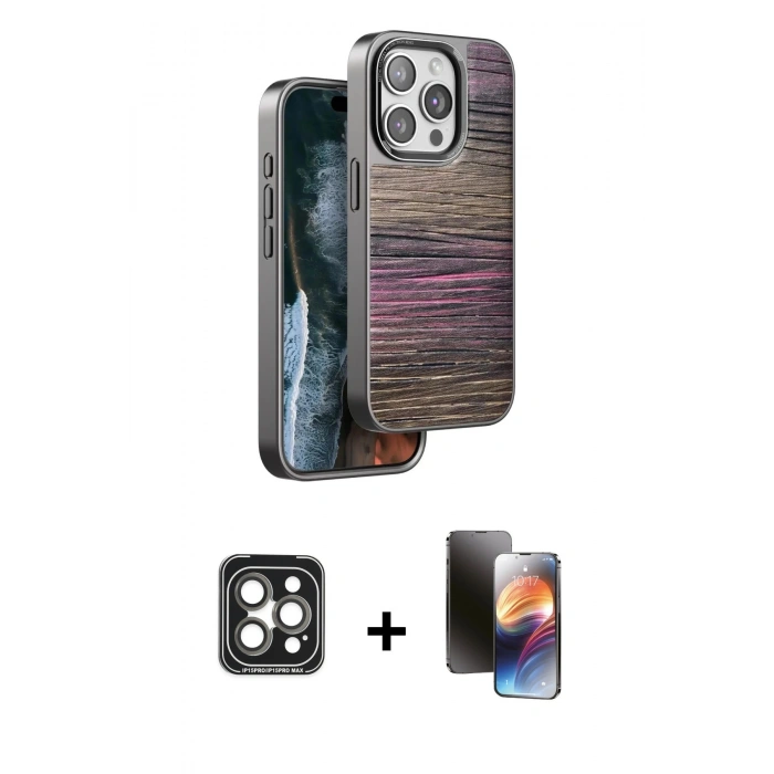 MARSİLYAN™- iPhone 15 Pro Max Kılıf Atlas Minimal Özel Seri - Siyah 3D Antistatik Mat Seramik Nano Ekran Koruyucu + PVD Metal Kamera Lens - GI