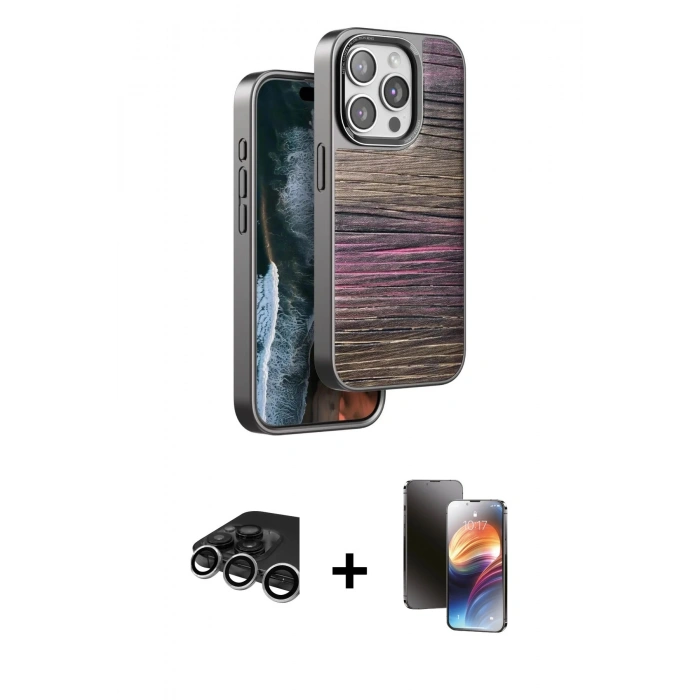 MARSİLYAN™- iPhone 15 Pro Max Kılıf Atlas Minimal Özel Seri - Siyah 3D Antistatik Mat Seramik Nano Ekran Koruyucu + Raze Metal Kamera Lens - GS