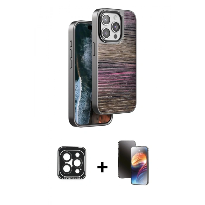 MARSİLYAN™- iPhone 15 Pro Max Kılıf Atlas Minimal Özel Seri - Siyah 3D Antistatik Mat Seramik Nano Ekran Koruyucu + PVD Metal Kamera Lens - SH