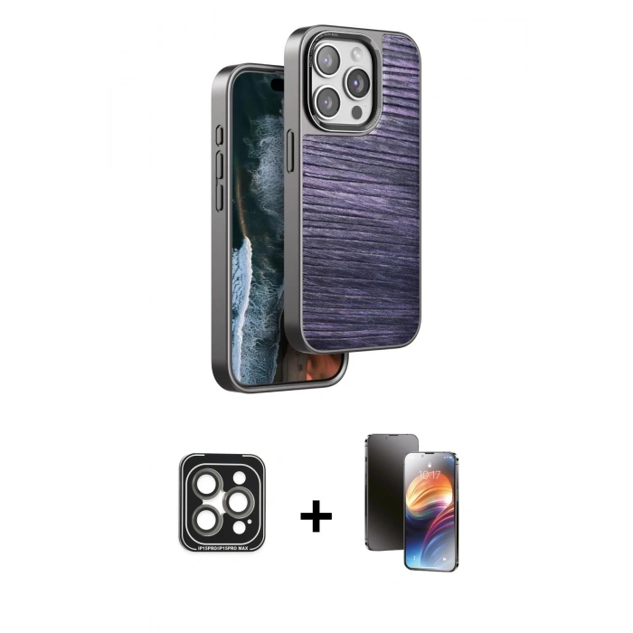 MARSİLYAN™- iPhone 15 Pro Max Kılıf Atlas Minimal Özel Seri - Siyah 3D Antistatik Mat Seramik Nano Ekran Koruyucu + PVD Metal Kamera Lens - GI