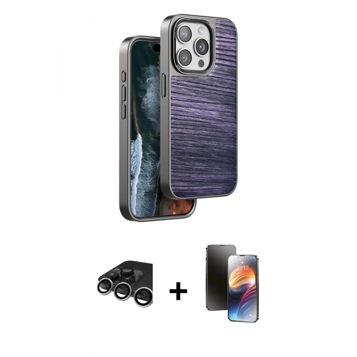 MARSİLYAN™- iPhone 15 Pro Max Kılıf Atlas Minimal Özel Seri - Siyah 3D Antistatik Mat Seramik Nano Ekran Koruyucu + Raze Metal Kamera Lens - GS