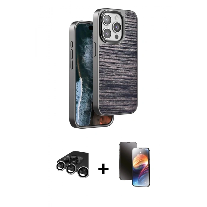 MARSİLYAN™- iPhone 15 Pro Max Kılıf Atlas Minimal Özel Seri - Siyah 3D Antistatik Mat Seramik Nano Ekran Koruyucu + Raze Metal Kamera Lens - GS