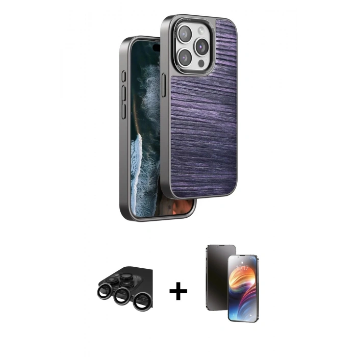 MARSİLYAN™- iPhone 15 Pro Max Kılıf Atlas Minimal Özel Seri - Siyah 3D Antistatik Mat Seramik Nano Ekran Koruyucu + Raze Metal Kamera Lens - TMGI