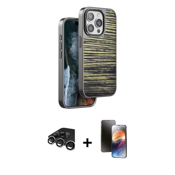 MARSİLYAN™- iPhone 15 Pro Max Kılıf Atlas Minimal Özel Seri - Siyah 3D Antistatik Mat Seramik Nano Ekran Koruyucu + Raze Metal Kamera Lens - GS