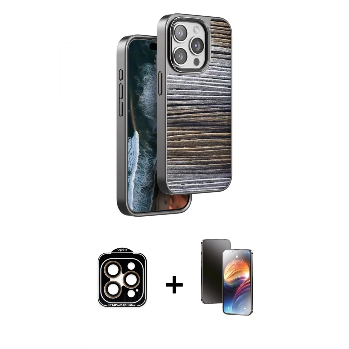 MARSİLYAN™- iPhone 15 Pro Max Kılıf Atlas Minimal Özel Seri - Siyah 3D Antistatik Mat Seramik Nano Ekran Koruyucu + Turuncu PVD Metal Kamera Lens