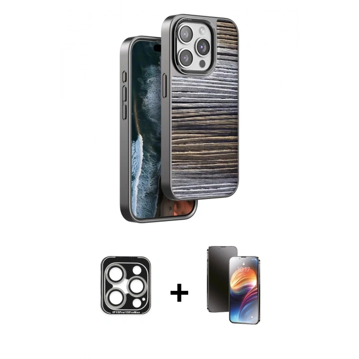 MARSİLYAN™- iPhone 15 Pro Max Kılıf Atlas Minimal Özel Seri - Siyah 3D Antistatik Mat Seramik Nano Ekran Koruyucu + PVD Metal Kamera Lens - GS