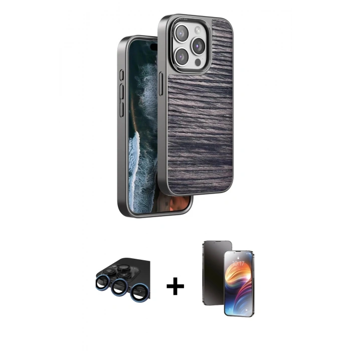 MARSİLYAN™- iPhone 15 Pro Max Kılıf Atlas Minimal Özel Seri - Siyah 3D Antistatik Mat Seramik Nano Ekran Koruyucu + Raze Metal Kamera Lens - LT