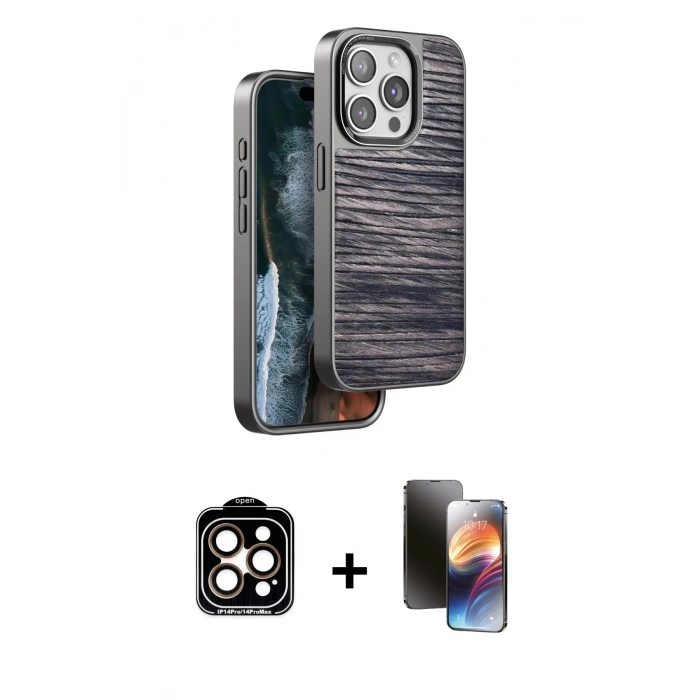 MARSİLYAN™- iPhone 15 Pro Max Kılıf Atlas Minimal Özel Seri - Siyah 3D Antistatik Mat Seramik Nano Ekran Koruyucu + Turuncu PVD Metal Kamera Lens