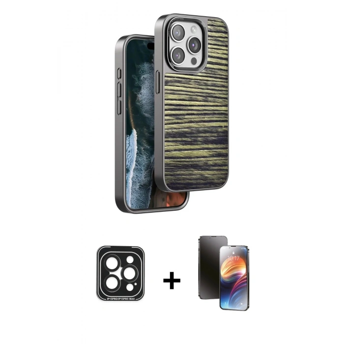 MARSİLYAN™- iPhone 15 Pro Max Kılıf Atlas Minimal Özel Seri - Siyah 3D Antistatik Mat Seramik Nano Ekran Koruyucu + PVD Metal Kamera Lens - SH