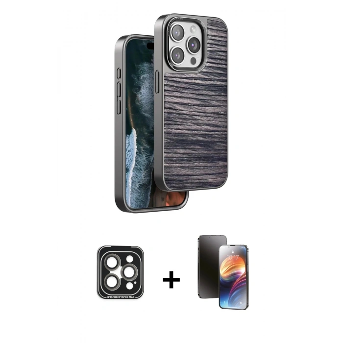 MARSİLYAN™- iPhone 15 Pro Max Kılıf Atlas Minimal Özel Seri - Siyah 3D Antistatik Mat Seramik Nano Ekran Koruyucu + PVD Metal Kamera Lens - GI