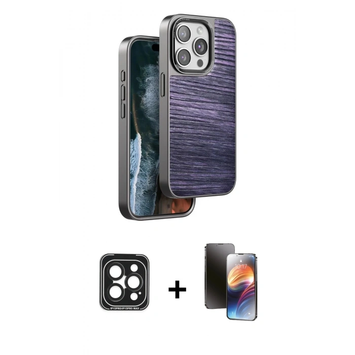 MARSİLYAN™- iPhone 15 Pro Max Kılıf Atlas Minimal Özel Seri - Siyah 3D Antistatik Mat Seramik Nano Ekran Koruyucu + PVD Metal Kamera Lens - SH