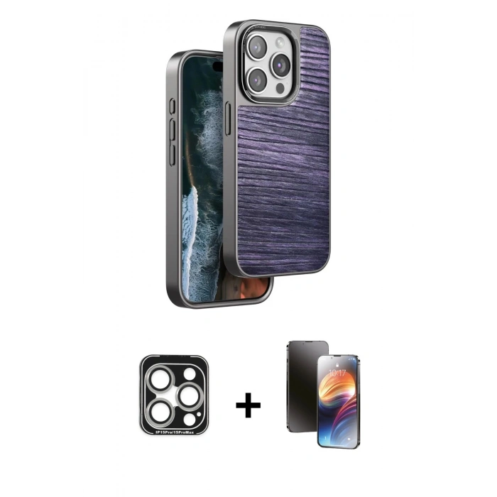 MARSİLYAN™- iPhone 15 Pro Max Kılıf Atlas Minimal Özel Seri - Siyah 3D Antistatik Mat Seramik Nano Ekran Koruyucu + PVD Metal Kamera Lens - GS