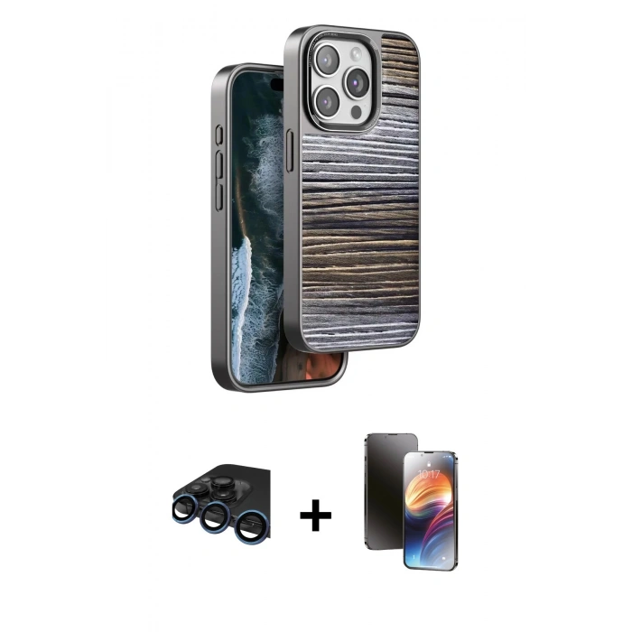 MARSİLYAN™- iPhone 15 Pro Max Kılıf Atlas Minimal Özel Seri - Siyah 3D Antistatik Mat Seramik Nano Ekran Koruyucu + Raze Metal Kamera Lens - LT