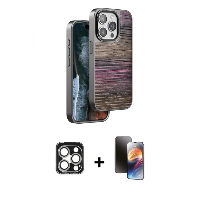 MARSİLYAN™- iPhone 15 Pro Max Kılıf Atlas Minimal Özel Seri - Siyah 3D Antistatik Mat Seramik Nano Ekran Koruyucu + PVD Metal Kamera Lens - GS