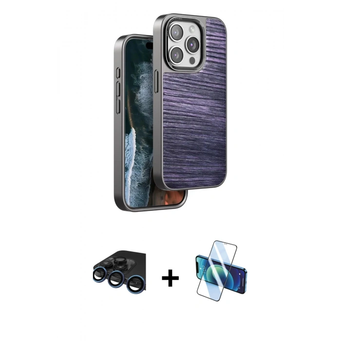 MARSİLYAN™- iPhone 15 Pro Max Kılıf Atlas Minimal Özel Seri - Siyah 3D Antistatik Seramik Nano Ekran Koruyucu + Lacivert Raze Metal Kamera Lens