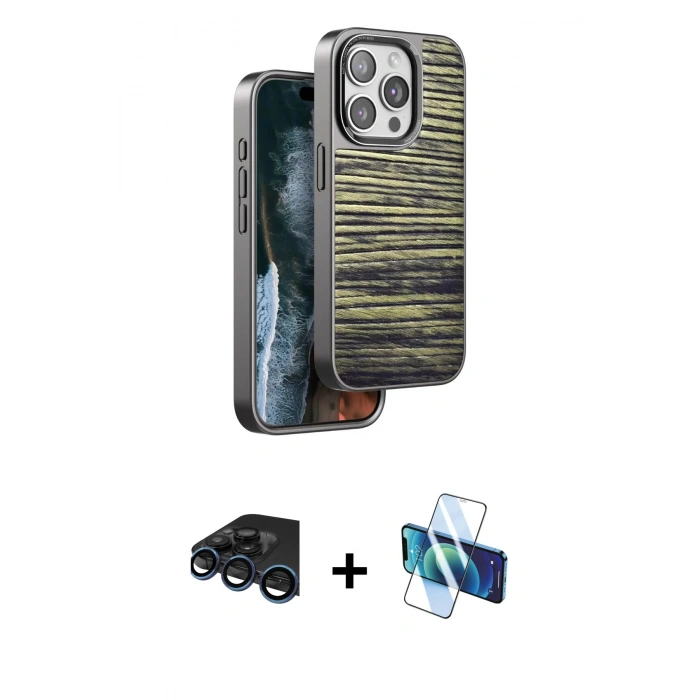 MARSİLYAN™- iPhone 15 Pro Max Kılıf Atlas Minimal Özel Seri - Siyah 3D Antistatik Seramik Nano Ekran Koruyucu + Lacivert Raze Metal Kamera Lens