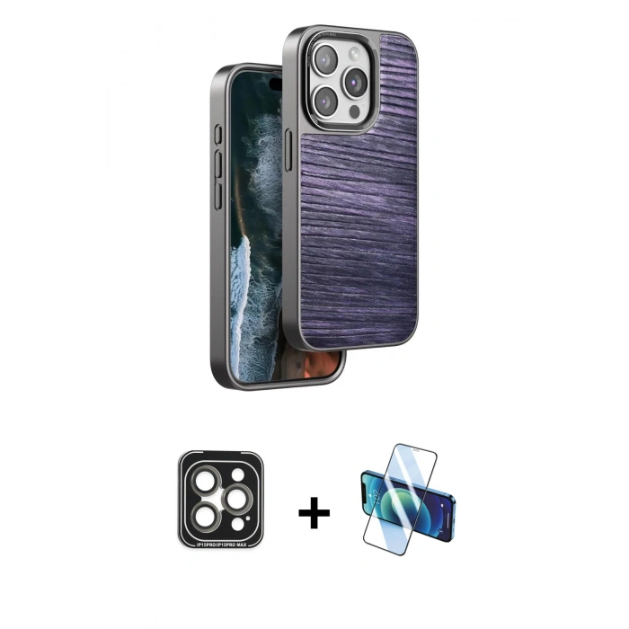 MARSİLYAN™- iPhone 15 Pro Max Kılıf Atlas Minimal Özel Seri - Siyah 3D Antistatik Seramik Nano Ekran Koruyucu + PVD Metal Kamera Lens - GI
