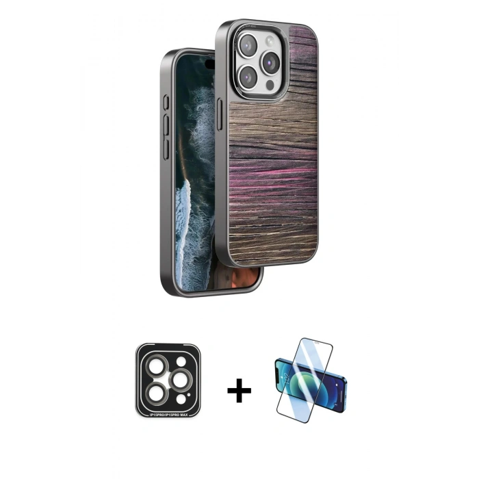 MARSİLYAN™- iPhone 15 Pro Max Kılıf Atlas Minimal Özel Seri - Siyah 3D Antistatik Seramik Nano Ekran Koruyucu + PVD Metal Kamera Lens - GI