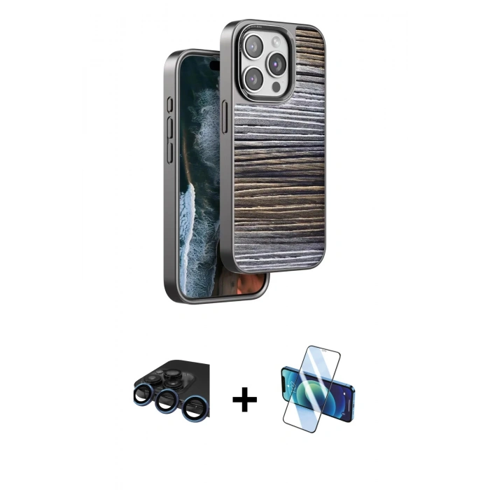 MARSİLYAN™- iPhone 15 Pro Max Kılıf Atlas Minimal Özel Seri - Siyah 3D Antistatik Seramik Nano Ekran Koruyucu + Lacivert Raze Metal Kamera Lens