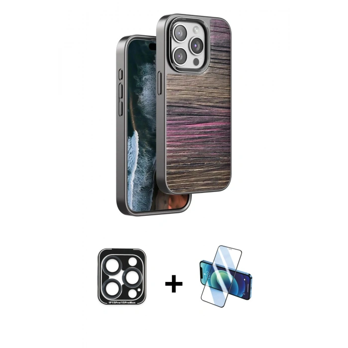 MARSİLYAN™- iPhone 15 Pro Max Kılıf Atlas Minimal Özel Seri - Siyah 3D Antistatik Seramik Nano Ekran Koruyucu + Lacivert PVD Metal Kamera Lens
