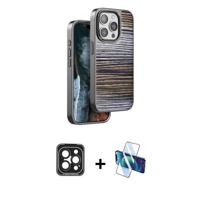 MARSİLYAN™- iPhone 15 Pro Max Kılıf Atlas Minimal Özel Seri - Siyah 3D Antistatik Seramik Nano Ekran Koruyucu + PVD Metal Kamera Lens - SH