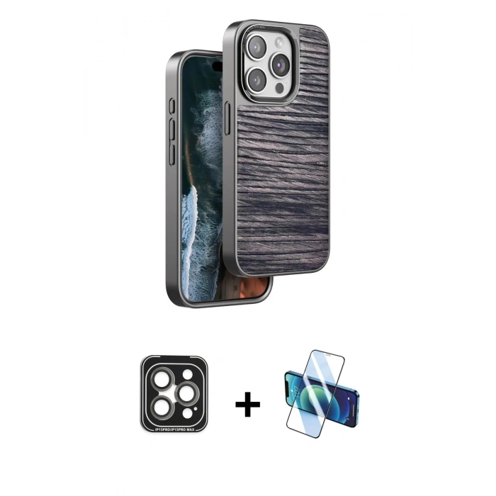 MARSİLYAN™- iPhone 15 Pro Max Kılıf Atlas Minimal Özel Seri - Siyah 3D Antistatik Seramik Nano Ekran Koruyucu + PVD Metal Kamera Lens - GI