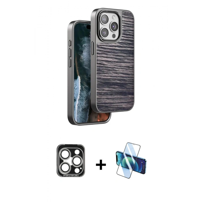 MARSİLYAN™- iPhone 15 Pro Max Kılıf Atlas Minimal Özel Seri - Siyah 3D Antistatik Seramik Nano Ekran Koruyucu + PVD Metal Kamera Lens - GS