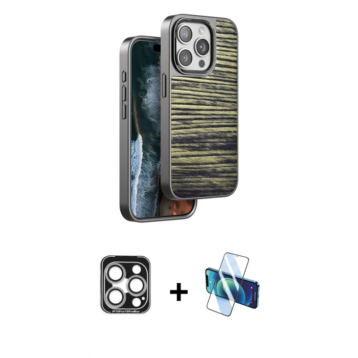 MARSİLYAN™- iPhone 15 Pro Max Kılıf Atlas Minimal Özel Seri - Siyah 3D Antistatik Seramik Nano Ekran Koruyucu + PVD Metal Kamera Lens - GS