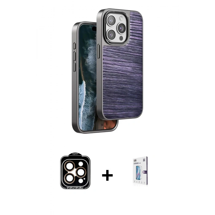 MARSİLYAN™- iPhone 15 Pro Max Kılıf Atlas Minimal Özel Seri - Siyah Bilvis 0.18mm Plus Cam Ekran Koruyucu + PVD Metal Kamera Lens - TU