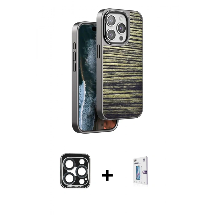 MARSİLYAN™- iPhone 15 Pro Max Kılıf Atlas Minimal Özel Seri - Siyah Bilvis 0.18mm Plus Cam Ekran Koruyucu + PVD Metal Kamera Lens - LT