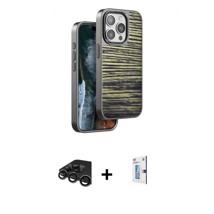 MARSİLYAN™- iPhone 15 Pro Max Kılıf Atlas Minimal Özel Seri - Siyah Bilvis 0.18mm Plus Cam Ekran Koruyucu + Raze Metal Kamera Lens - TMGI