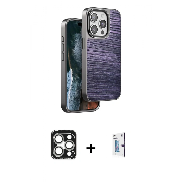 MARSİLYAN™- iPhone 15 Pro Max Kılıf Atlas Minimal Özel Seri - Siyah Bilvis 0.18mm Plus Cam Ekran Koruyucu + PVD Metal Kamera Lens - GS