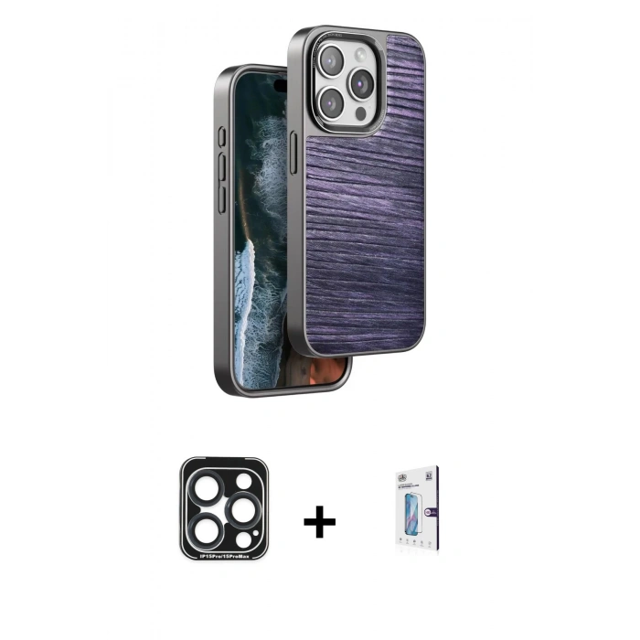 MARSİLYAN™- iPhone 15 Pro Max Kılıf Atlas Minimal Özel Seri - Siyah Bilvis 0.18mm Plus Cam Ekran Koruyucu + PVD Metal Kamera Lens - LT