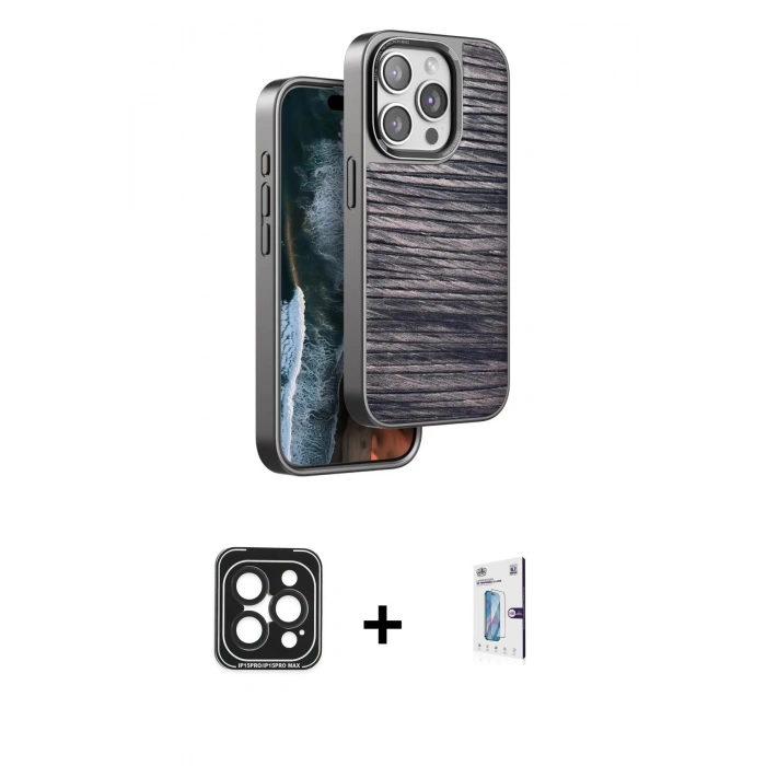 MARSİLYAN™- iPhone 15 Pro Max Kılıf Atlas Minimal Özel Seri - Siyah Bilvis 0.18mm Plus Cam Ekran Koruyucu + PVD Metal Kamera Lens - SH