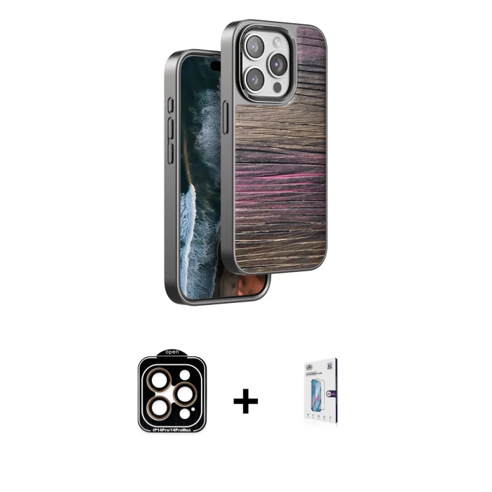 MARSİLYAN™- iPhone 15 Pro Max Kılıf Atlas Minimal Özel Seri - Siyah Bilvis 0.18mm Plus Cam Ekran Koruyucu + PVD Metal Kamera Lens - TU