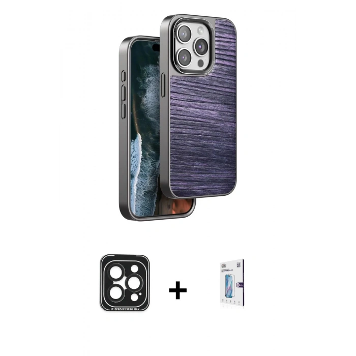 MARSİLYAN™- iPhone 15 Pro Max Kılıf Atlas Minimal Özel Seri - Siyah Bilvis 0.18mm Plus Cam Ekran Koruyucu + PVD Metal Kamera Lens - SH
