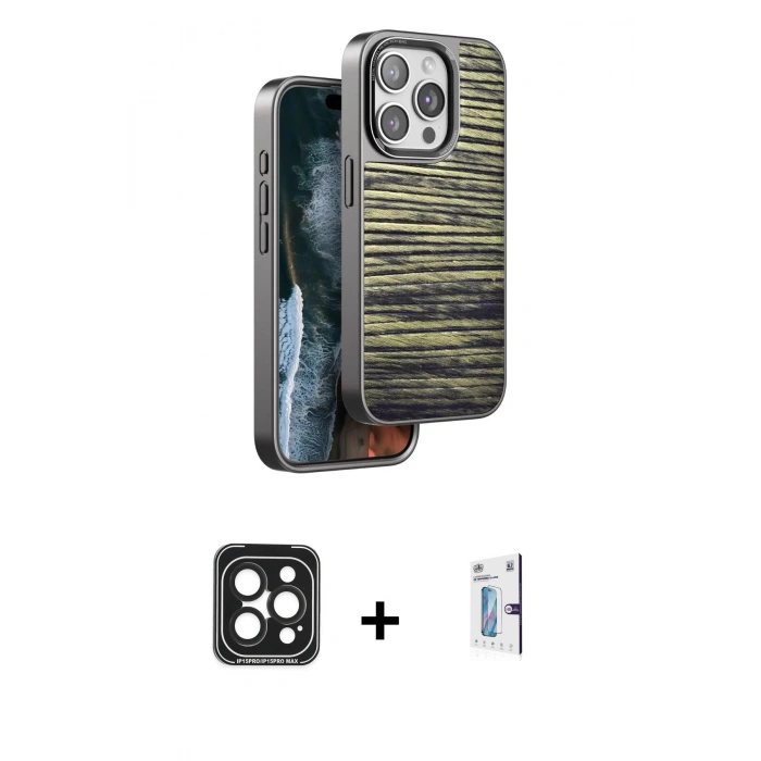 MARSİLYAN™- iPhone 15 Pro Max Kılıf Atlas Minimal Özel Seri - Siyah Bilvis 0.18mm Plus Cam Ekran Koruyucu + PVD Metal Kamera Lens - SH