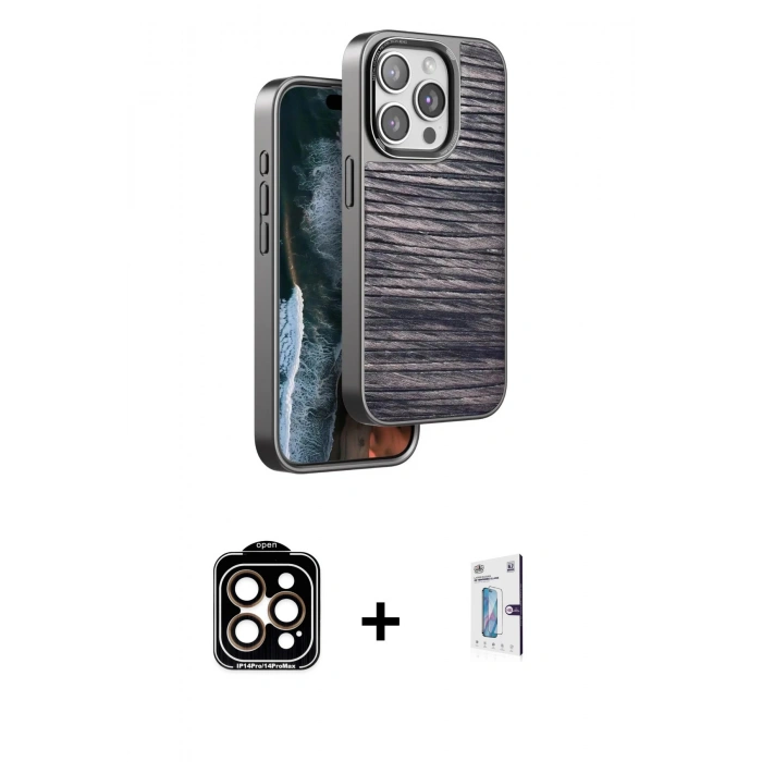 MARSİLYAN™- iPhone 15 Pro Max Kılıf Atlas Minimal Özel Seri - Siyah Bilvis 0.18mm Plus Cam Ekran Koruyucu + PVD Metal Kamera Lens - TU