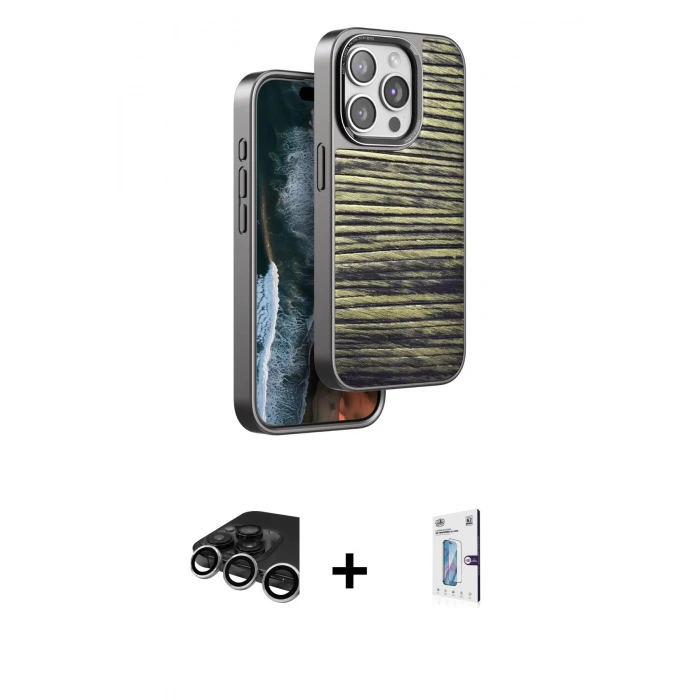 MARSİLYAN™- iPhone 15 Pro Max Kılıf Atlas Minimal Özel Seri - Siyah Bilvis 0.18mm Plus Cam Ekran Koruyucu + Gümüş Raze Metal Kamera Lens