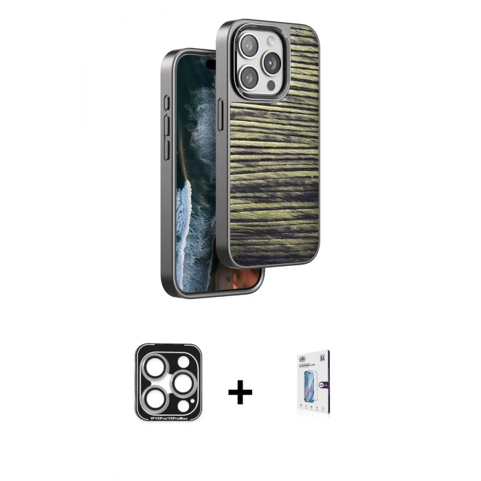 MARSİLYAN™- iPhone 15 Pro Max Kılıf Atlas Minimal Özel Seri - Siyah Bilvis 0.18mm Plus Cam Ekran Koruyucu + PVD Metal Kamera Lens - GS