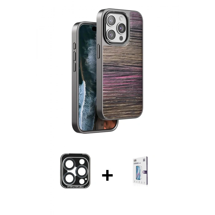 MARSİLYAN™- iPhone 15 Pro Max Kılıf Atlas Minimal Özel Seri - Siyah Bilvis 0.18mm Plus Cam Ekran Koruyucu + PVD Metal Kamera Lens - LT