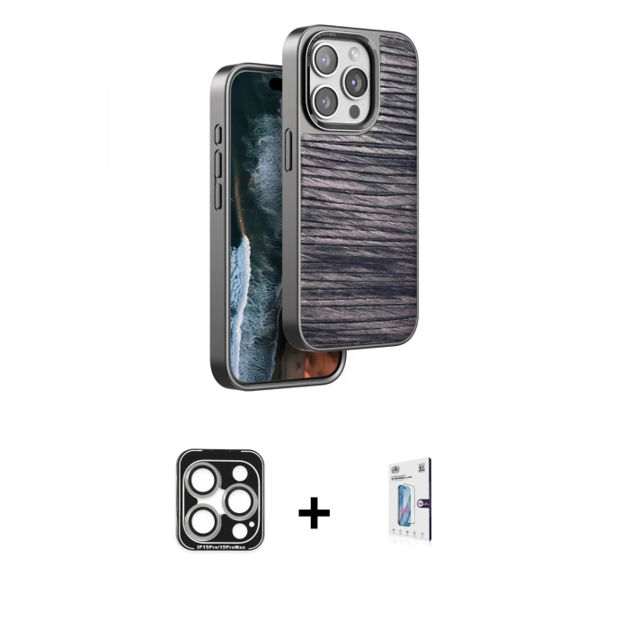 MARSİLYAN™- iPhone 15 Pro Max Kılıf Atlas Minimal Özel Seri - Siyah Bilvis 0.18mm Plus Cam Ekran Koruyucu + PVD Metal Kamera Lens - GS